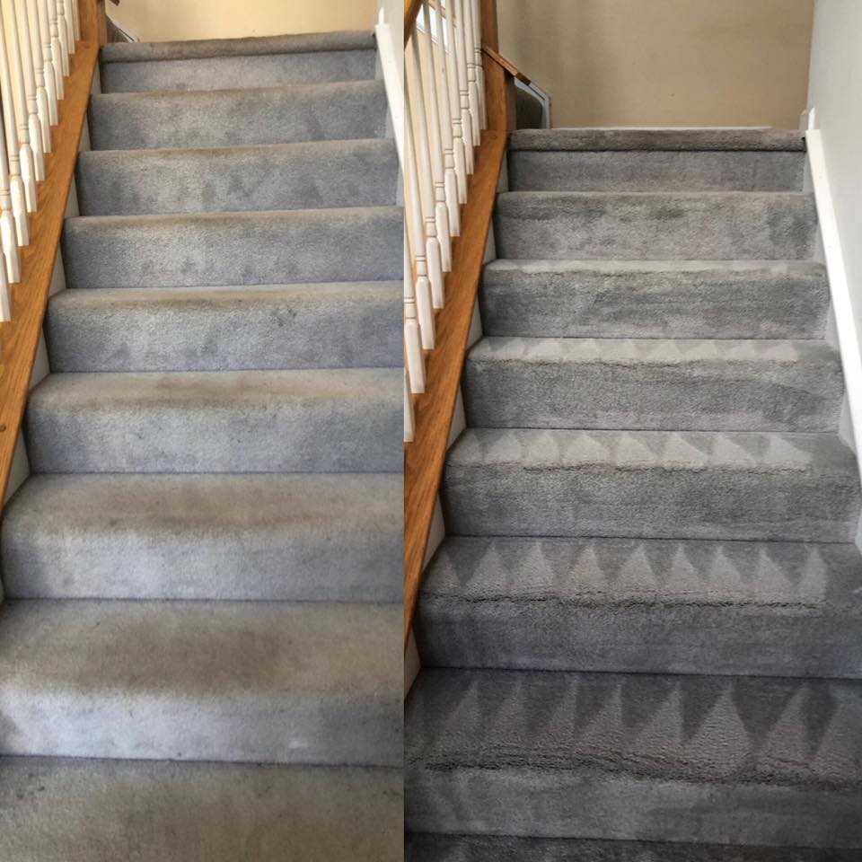 Carpeted stairs shown side by side before and after cleaning